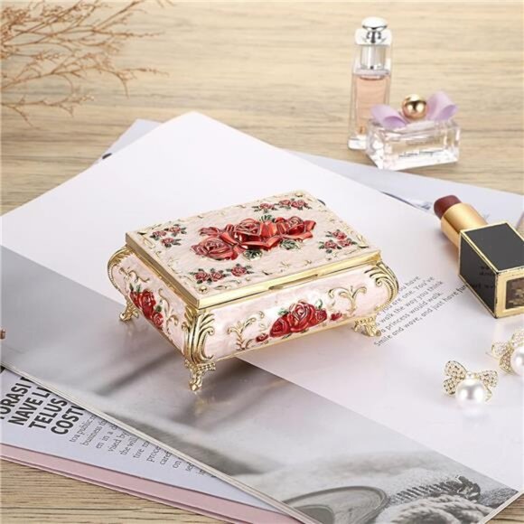 Vintage Metal Jewelry Box Small Treasure Chest Case Trinket Organizer Earrings - Picture 7 of 8